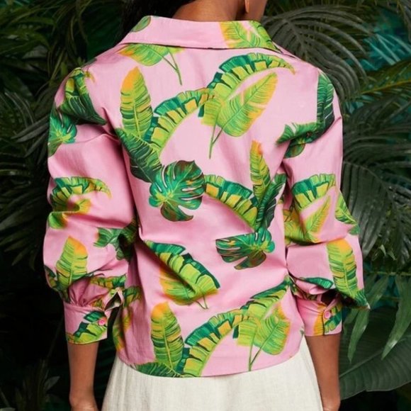 Tropical Print Lantern Button Down Sleeve Blouse Top - Picture 4 of 5